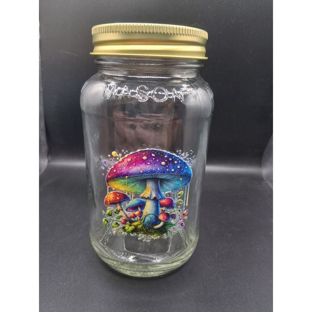 Psychedelic Mushroom Mason Jar Gold Lid — Trippy Rainbow Cottage core Decor